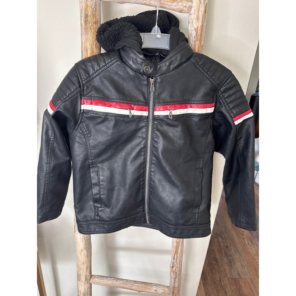 Boys Distortion S/7 faux leather water resistant bomber zip up hoodie jacket